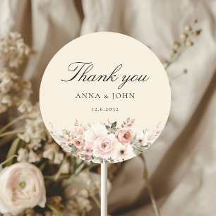 Adesivo Redondo Obrigada! Elegante, bege, pastel, flor, casamento