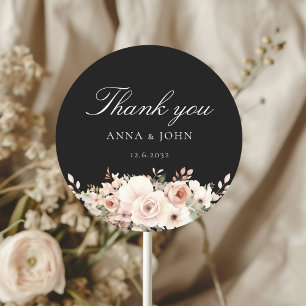 Adesivo Redondo Obrigada! Elegante, preto, pastel, flor, casamento