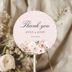 Adesivo Redondo Obrigada! Elegante, rosa, pastel, flor, casamento