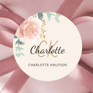 Adesivo Redondo Obrigada floral de eucalipto em creme dourado rosa