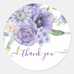 Adesivo Redondo Obrigada floral violeta em aquarela