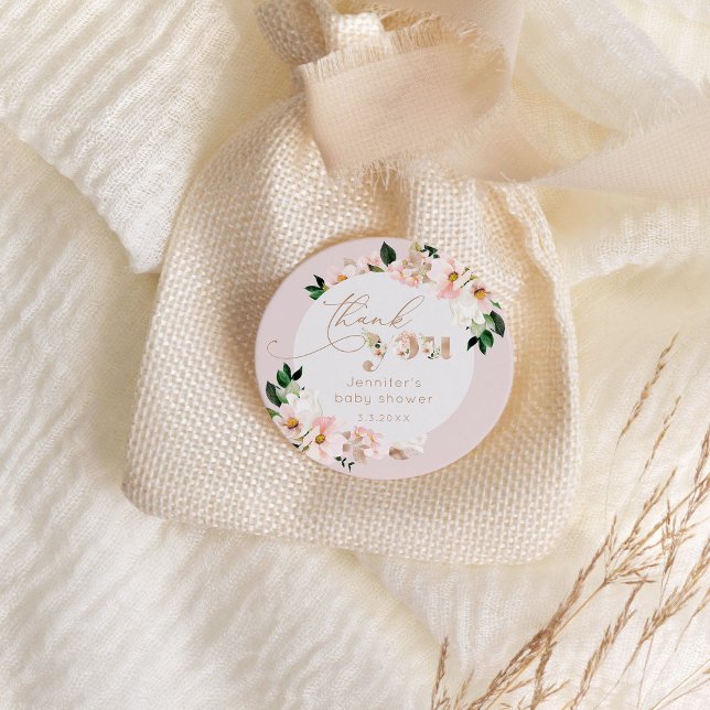 Adesivo Redondo Obrigada pelo chá de bebê da menina floral rosa av (Criador carregado)