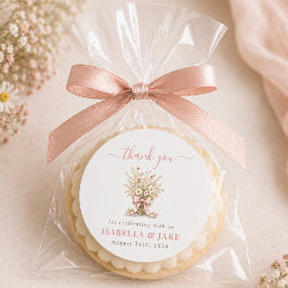 Adesivo Redondo Obrigada pelo Chá de Bebê Floral Boho Rosa Empoeir
