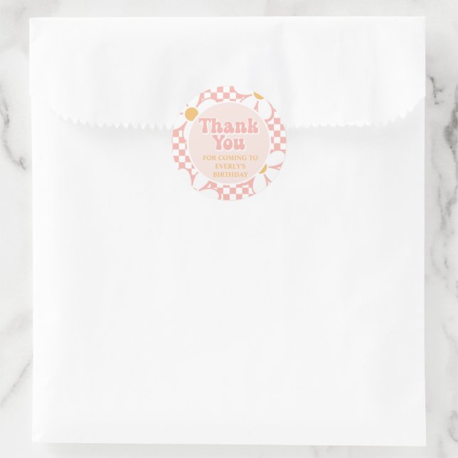 Adesivo Redondo Obrigada retro Pink Daisy Checker (Bolsa)