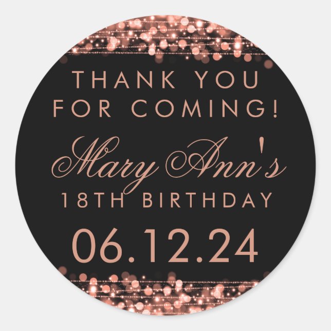 Adesivo Redondo Obrigado, 18ª Festa de aniversário Sparkles Rosa,  (Frente)