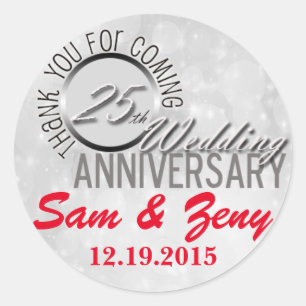 Adesivo Redondo Obrigado 25 Casamento de Aniversário Favor Sticker