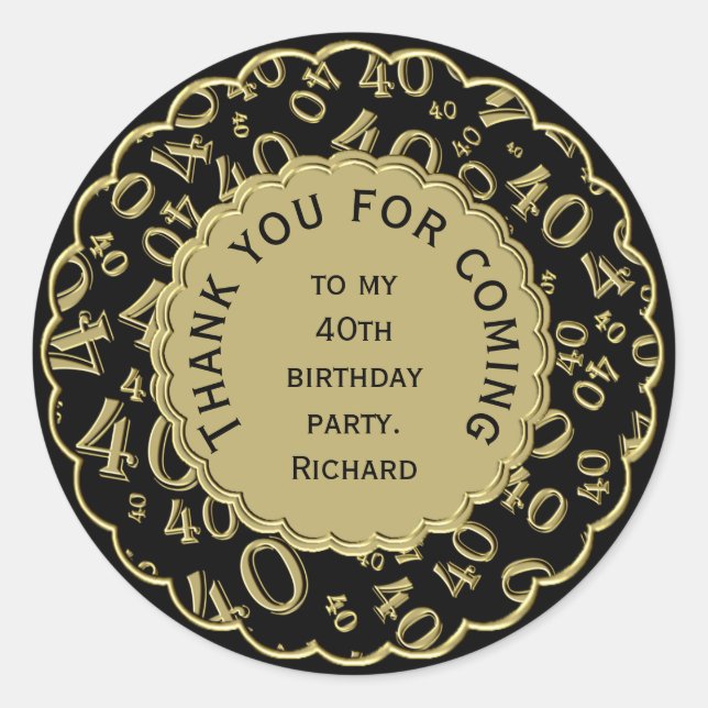 Adesivo Redondo Obrigado 40 Padrão Numérico Preto e Dourado (Frente)