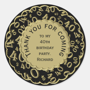 Adesivo Redondo Obrigado 40 Padrão Numérico Preto e Dourado