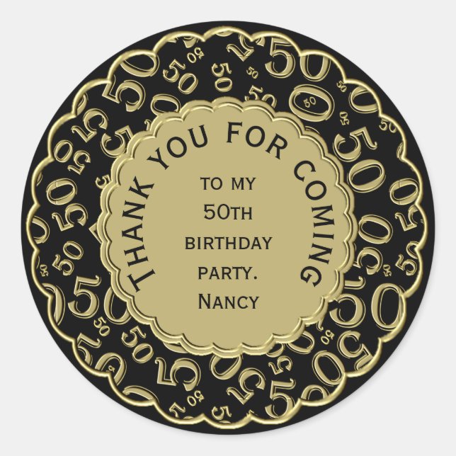 Adesivo Redondo Obrigado 50º Padrão Numérico Preto e Dourado (Frente)
