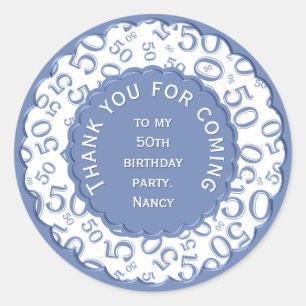 Adesivo Redondo Obrigado 50th azul e branco do teste padrão do