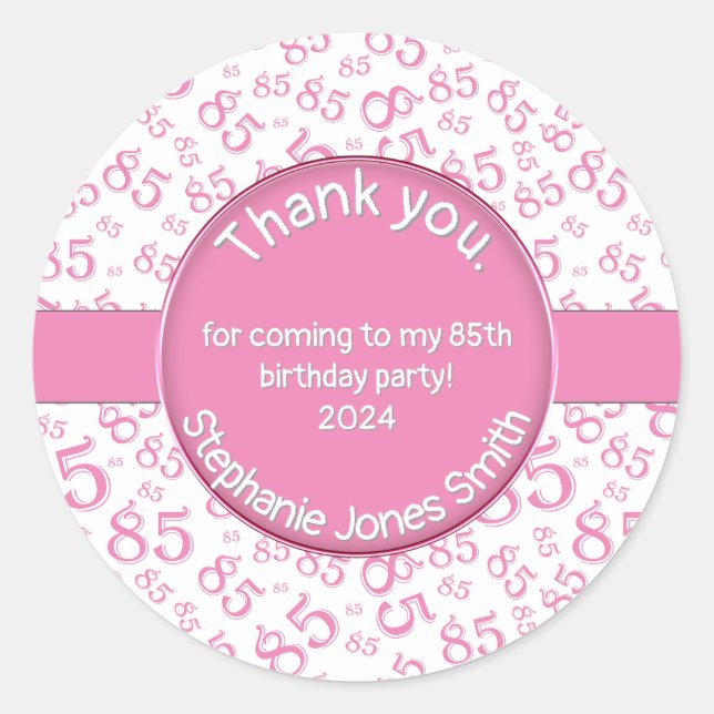 Adesivo Redondo Obrigado: 85º Padrão de Números Brancos Rosa/Branc (Frente)