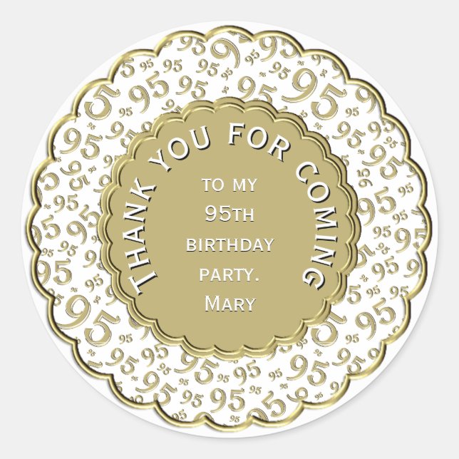Adesivo Redondo Obrigado 95º aniversário, Dourado e branco padrão (Frente)