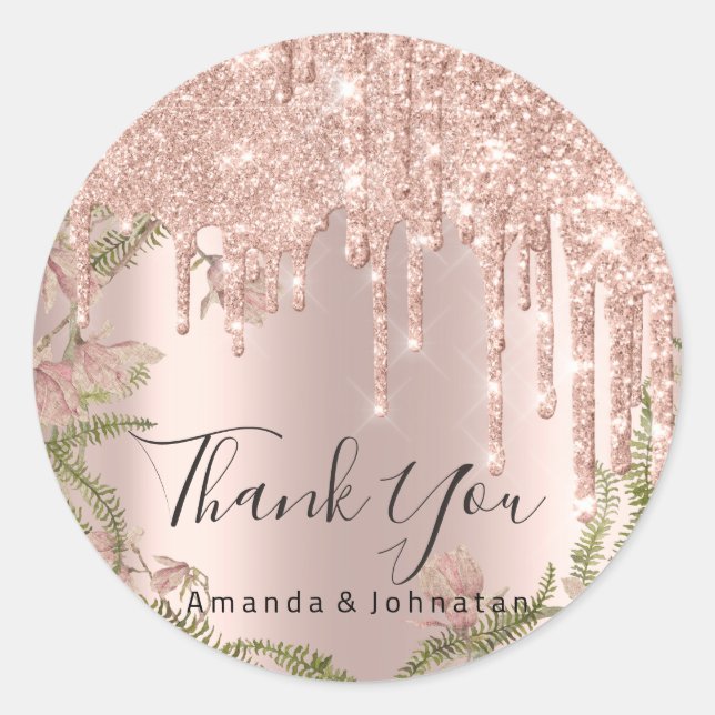 Adesivo Redondo Obrigado A Dizer Rosa De Casamento Glitter Floral (Frente)