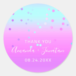Adesivo Redondo Obrigado A Nome Data Azul Rosa Pastel Confetti