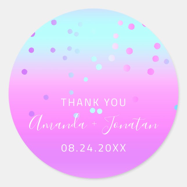 Adesivo Redondo Obrigado A Nome Data Azul Rosa Pastel Confetti (Frente)