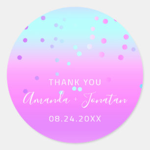 Adesivo Redondo Obrigado A Nome Data Azul Rosa Pastel Confetti