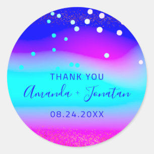 Adesivo Redondo Obrigado A Você Nome Data Azul Aqua Cor Rosa Confe