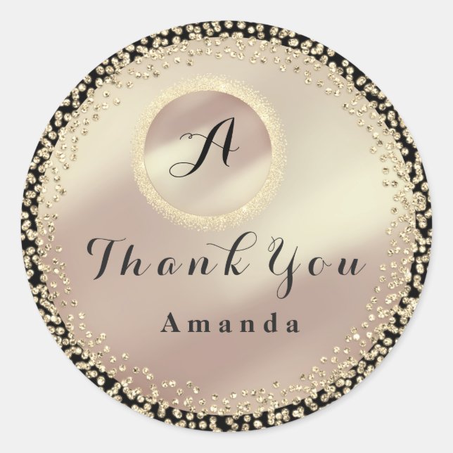 Adesivo Redondo Obrigado A Você Nome Glitter Monograma Rosa preto (Frente)
