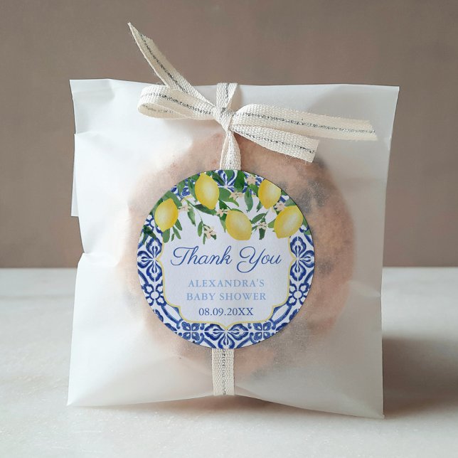 Adesivo Redondo Obrigado Amalfi Coast Lemons Baby Blue Chá (Positano Lemons Blue Tile Baby Shower Favor or Bridal Shower thank you sticker)