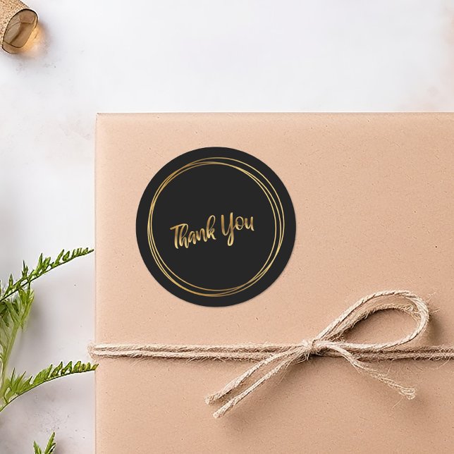 Adesivo Redondo Obrigado anéis de ouro pretos (Thank you gold rings black round sticker.)