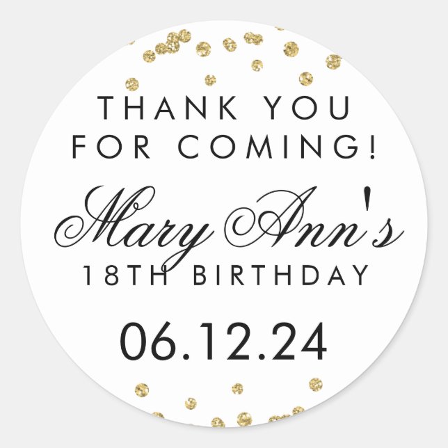 Adesivo Redondo Obrigado Aniversário Dourado Glitter Confetti Whit (Frente)