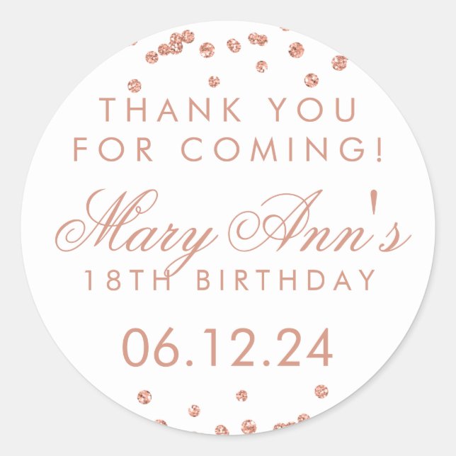 Adesivo Redondo Obrigado Aniversário Rosa Dourado Glitter Confetti (Frente)