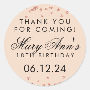 Adesivo Redondo Obrigado Aniversário Rosa Dourado Glitter Confetti