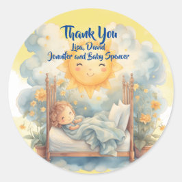 Adesivo Redondo Obrigado AQUI vem o Chá de fraldas do FILHO