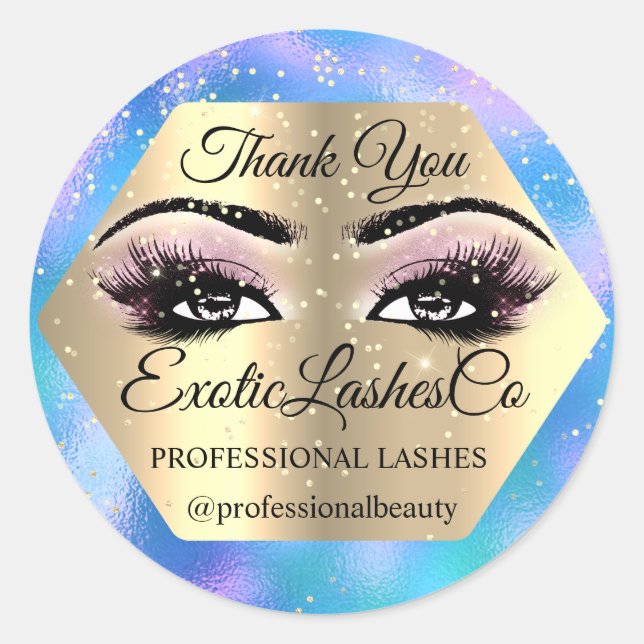 Adesivo Redondo Obrigado Artista Makeup Olhos Azuis Rosa DOURADO (Frente)