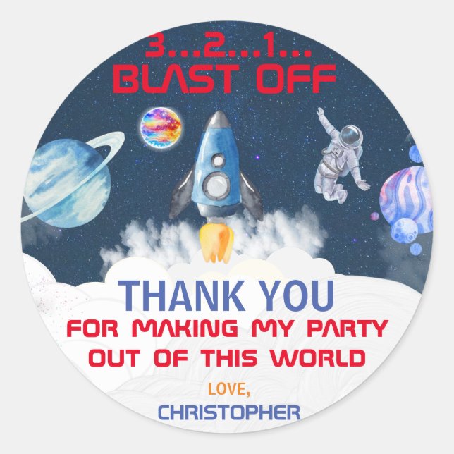 Adesivo Redondo Obrigado Astronauta Festa de aniversário (Frente)