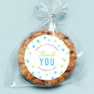 Adesivo Redondo Obrigado azul do aniversário dos confetes do verd