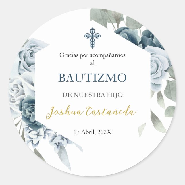 Adesivo Redondo Obrigado azul e buquê verde que você cola (Frente)