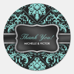 Adesivo Redondo Obrigado azul e preto do Aqua elegante do damasco