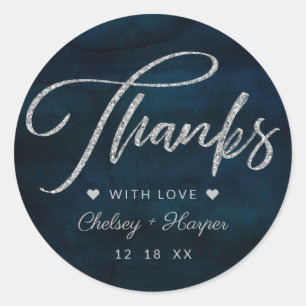 Adesivo Redondo Obrigado azul escuro do casamento da aguarela do