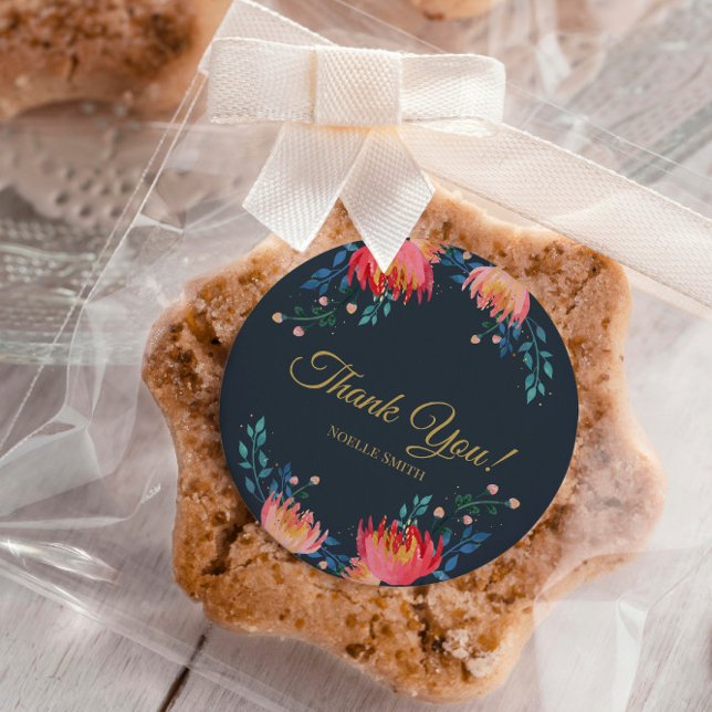 Adesivo Redondo Obrigado! Azul Escuro, Elegante, Flores Brancas (Criador carregado)