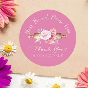 Adesivo Redondo Obrigado Bakery Rolling Pin Rosa Floral Elegante
