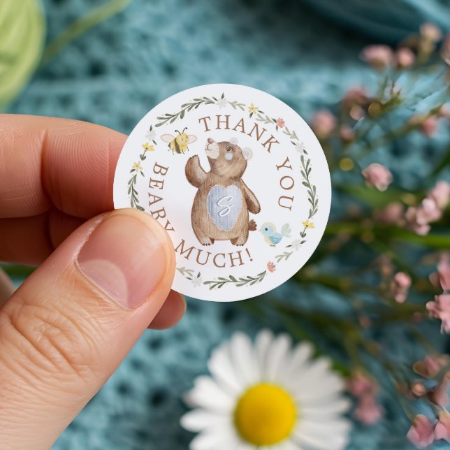 Adesivo Redondo Obrigado Beary Muito Knited Woodland Bear Floral (Thank You Beary Much Knitted Woodland Bear Floral Classic Round Sticker)
