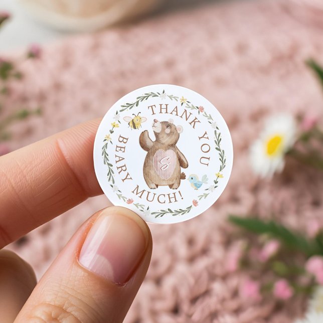 Adesivo Redondo Obrigado Beary Muito Knited Woodland Bear Floral (Thank You Beary Much Knitted Woodland Bear Floral Classic Round Sticker)