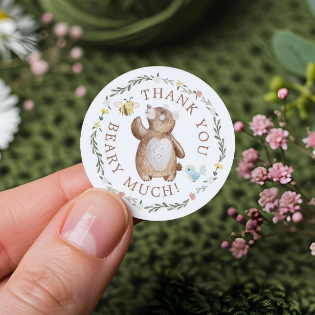 Adesivo Redondo Obrigado Beary Muito Knited Woodland Bear Floral (Thank You Beary Much Knitted Woodland Bear Floral Classic Round Sticker)