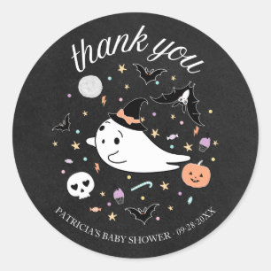 Adesivo Redondo Obrigado, Bebê Ghost Halloween Girl Chá de frald