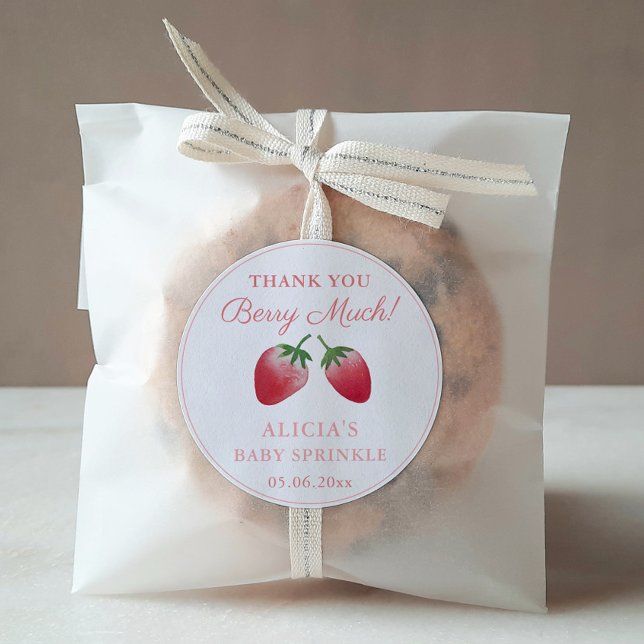 Adesivo Redondo Obrigado Berry Muita Morangos Red Pink Favor (Thank You Berry Much Watercolor Strawberries Baby or Bridal Shower or Birthday Favor Stickers)