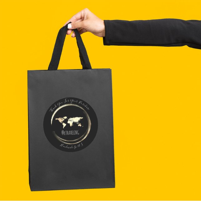 Adesivo Redondo Obrigado Black Dourado Mundo Mapa Viajando Globo (Thank You Black Gold World Map Traveling Globe Classic Round Sticker)