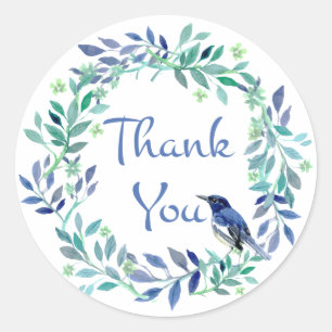 Adesivo Redondo Obrigado Blue Bird Watercolor Folha De Folha