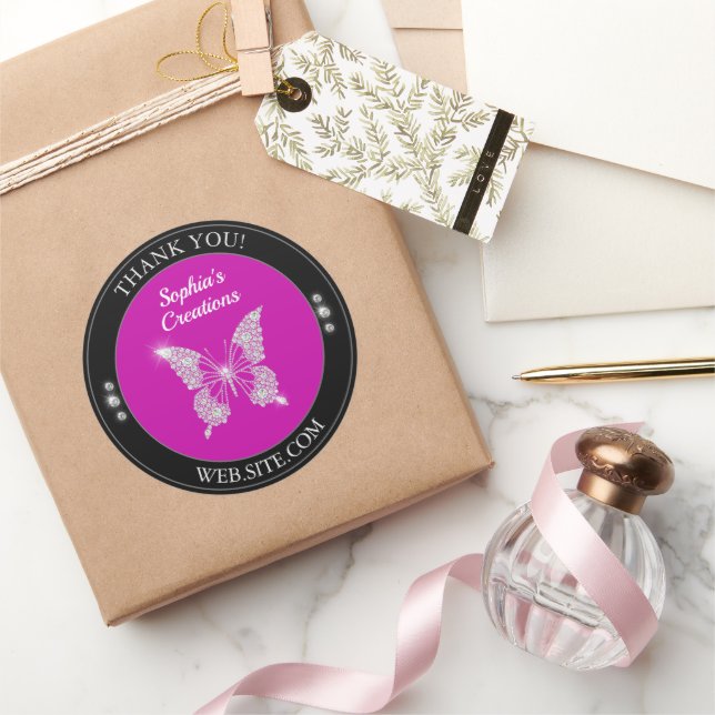 Adesivo Redondo Obrigado, Borboleta de Diamante, Preto e Fuchsia (Presentear)