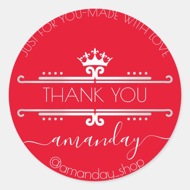 Adesivo Redondo Obrigado Boutique Web Compro Real Coroa Vermelha (Frente)