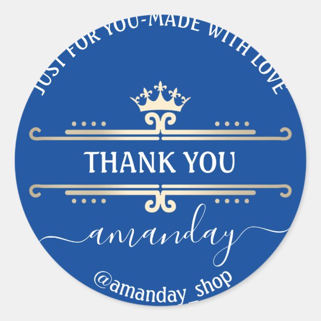 Adesivo Redondo Obrigado Boutique Web Compro Royal Crown Blue (Frente)