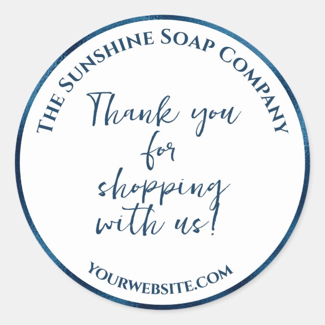 Adesivo Redondo Obrigado branco e azul para comprar conosco (Frente)