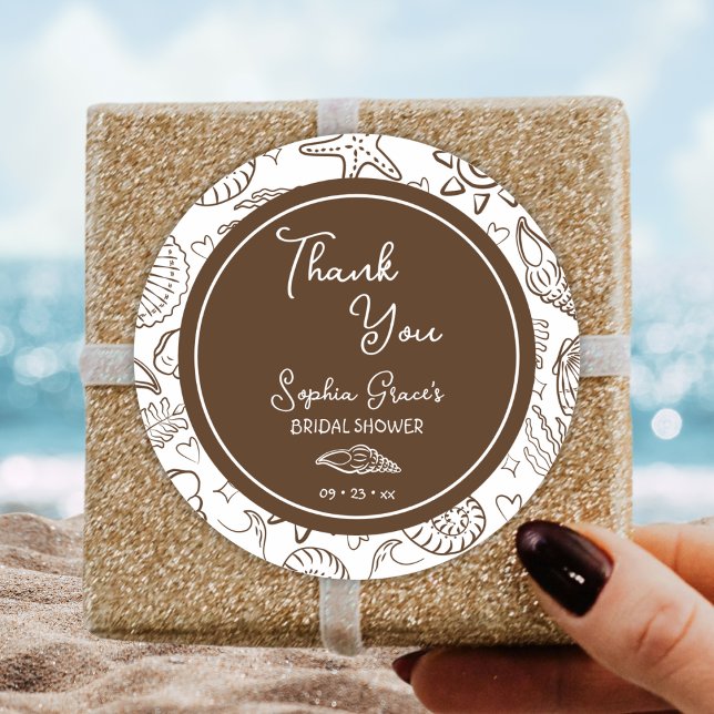 Adesivo Redondo Obrigado Brown Seashells Doodles (Criador carregado)