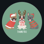 Adesivo Redondo Obrigado, Bulls, Natal<br><div class="desc">Uma ilustração divertida dos Bulldog Franceses vestidos de vestido de Natal. Perfeito para todos os amantes de animais de estimação!</div>