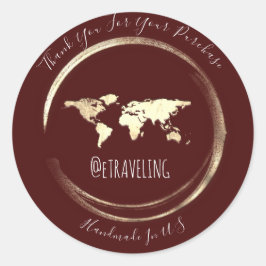 Adesivo Redondo Obrigado Burgundy Dourado Mapa Mundial Viajando Gl
